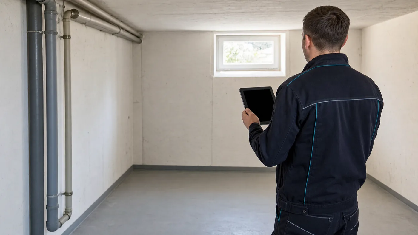 Kammerjäger verschafft sich mit einem Tablet bei der Inspektion eines Kellers in Krefeld einen Überblick